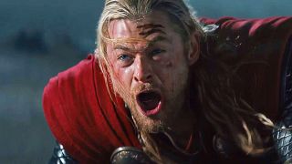 Thor screaming as he looks at someone off-screen in Thor: The Dark World