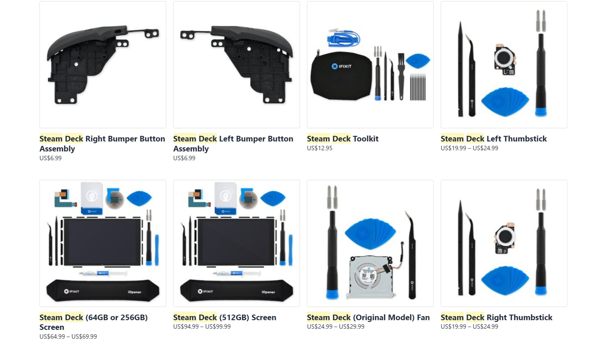 iFixit Steam Deck parts on the website.