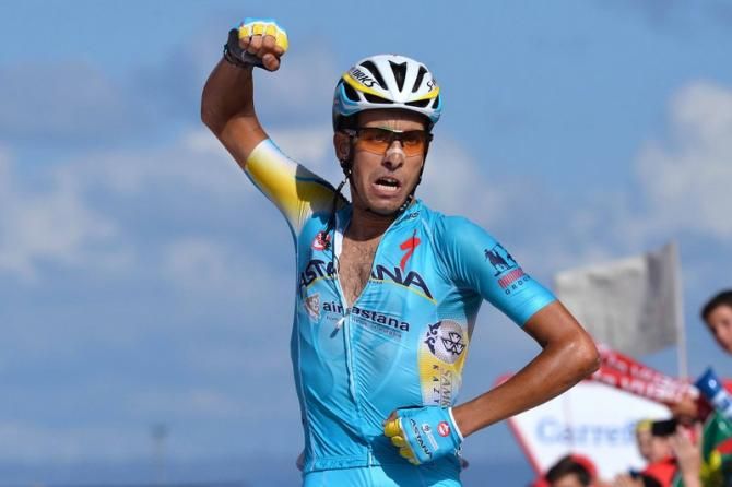 Fabio Aru (Astana) celebrates his second Vuelta stage win