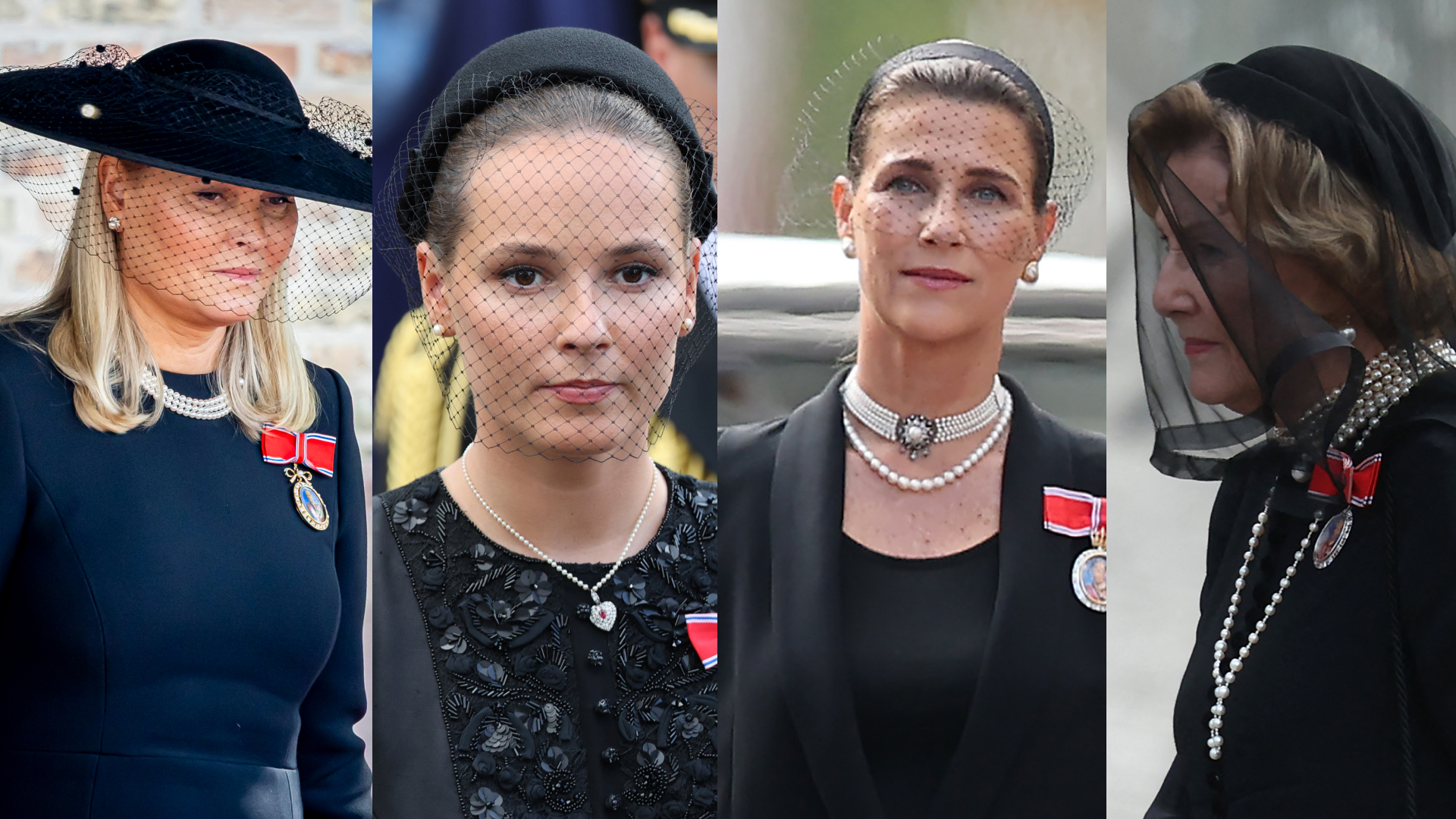 A four split image of Queen Mette-Marit, Crown Princess Ingrid Alexandra, Princess Martha-Louise and Queen Sonja in black and pearls