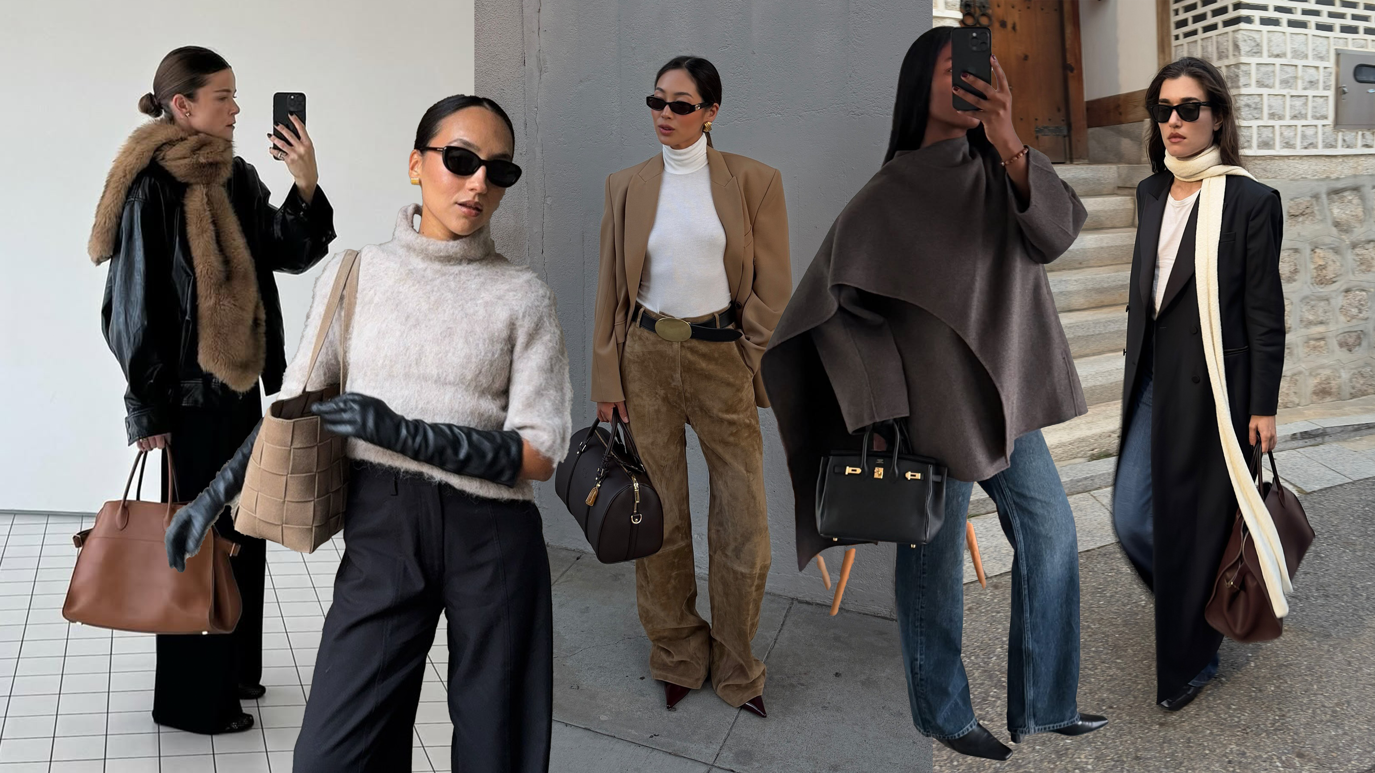 A collage of chic winter outfits. Rikke Krefting wears a black leather jacket, black trousers, a fur scarf, and a brown leather bag. Influencer Ingrid Fagerli Edvinsen wears balloon pants, a brushed mock-neck sweater, long leather gloves, and heels. Aimee Song wears beige suede trousers, a white turtleneck, a blazer, and an Alo bag. Influencer Marilyn wears a scarf coat, jeans, and pointed-toe boots. An influencer wears a pair of jeans with a long black overcoat, a white tee, and a skinny scarf. 