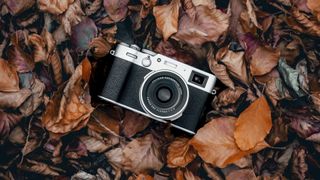 Fujifilm X100 series camera outside on a autumn leaf covered ground