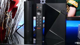 The NVIDIA Shield TV and Shield TV Pro standing vertically