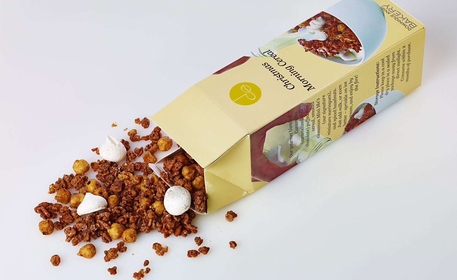 cereal of Valrhona Caramelia chocolate rice krispies, caramelised hazelnuts, and smoked cinnamon miniature meringues