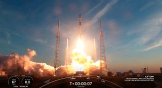 A SpaceX Falcon 9 rocket launches 21 Starlink "V2 mini" satellites from Cape Canaveral Space Force Station in Florida on Feb. 27, 2023.