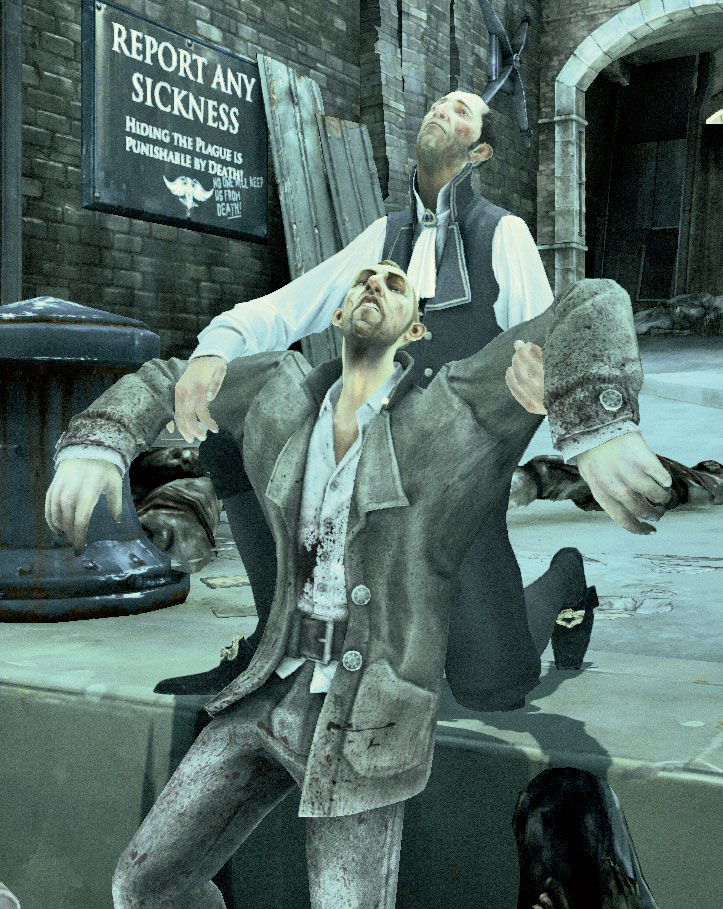 One man drags another by the arms across a grimy city street. A sign in the background reads, "REPORT ANY SICKNESS. HIDING THE PLAGUE IS PUNISHABLE BY DEATH."