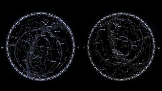 northern hemisphere (left) and southern hemisphere (right) views of the night sky.