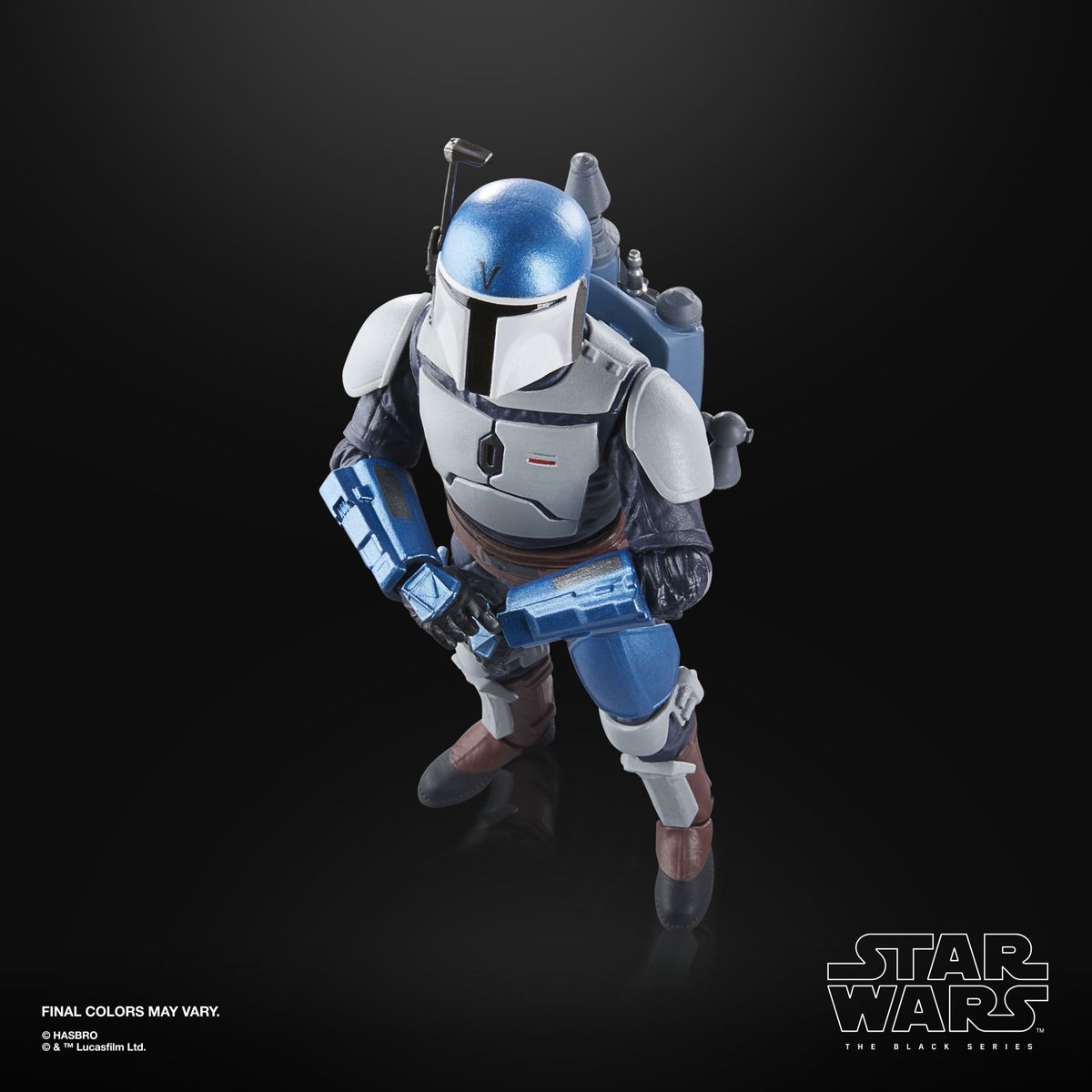 Mandalorian Fleet Commander action figure posed with accessories against a black background