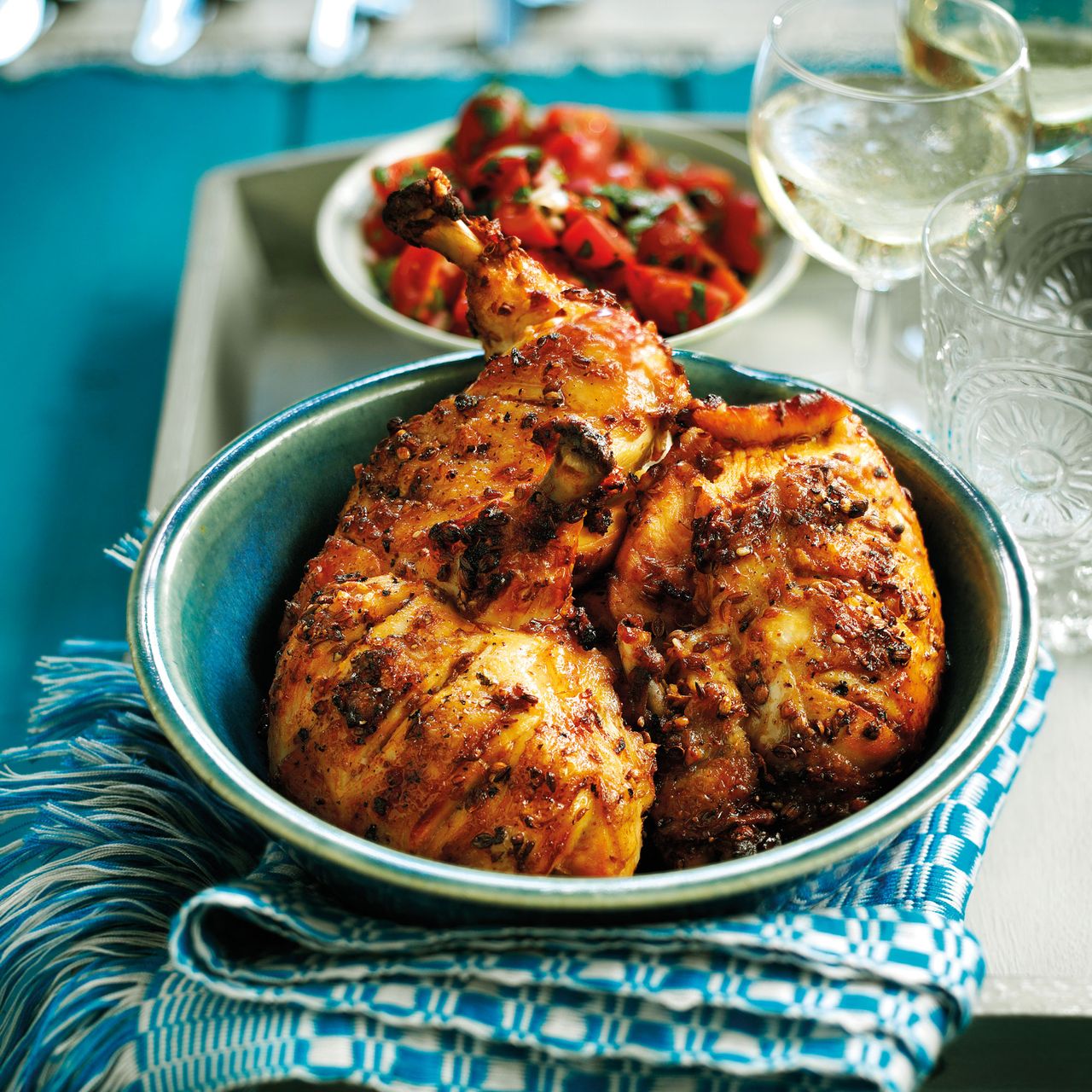 Middle Eastern-spices-chicken-tomato salsa-bbq-woman and home