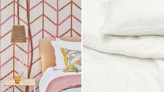 A split image header of a pink bedroom with geometric wallpaper, peach bed with white bedding and rattan hanging lamp, and the white IKEA Schersmin bedding
