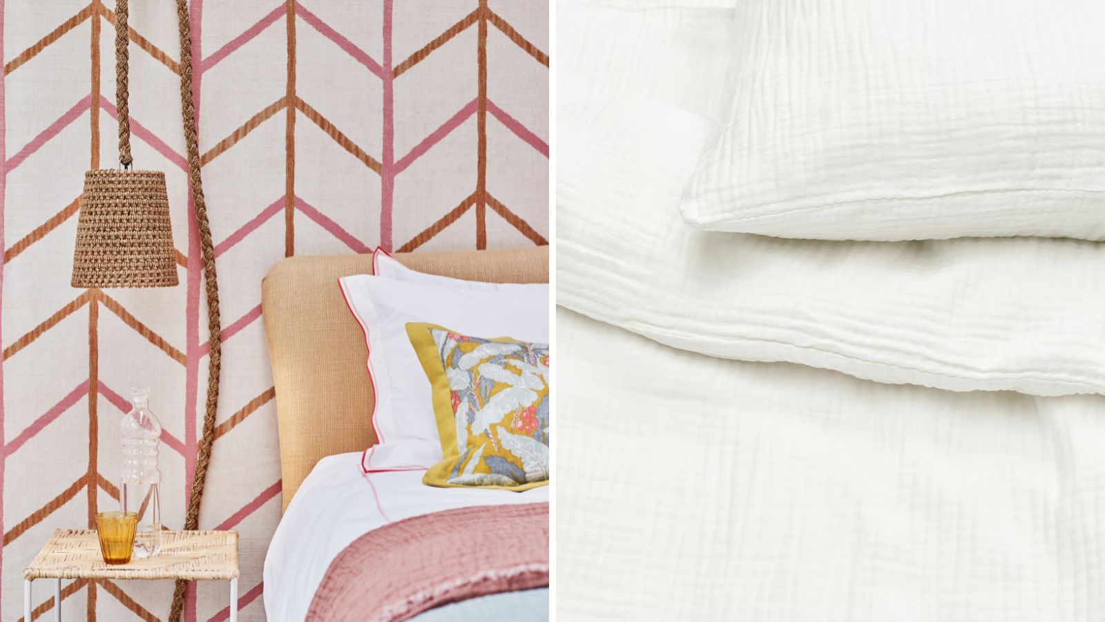 A split image header of a pink bedroom with geometric wallpaper, peach bed with white bedding and rattan hanging lamp, and the white IKEA Schersmin bedding
