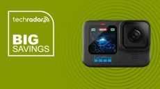 The GoPro Hero 12 Black on a green background with text saying Big Savings.