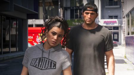 A screenshot of GTA 6's Extended Look on Netflix. Main character's Jason and Lucia stand in an alleyway looking toward the camera as another character walks away.