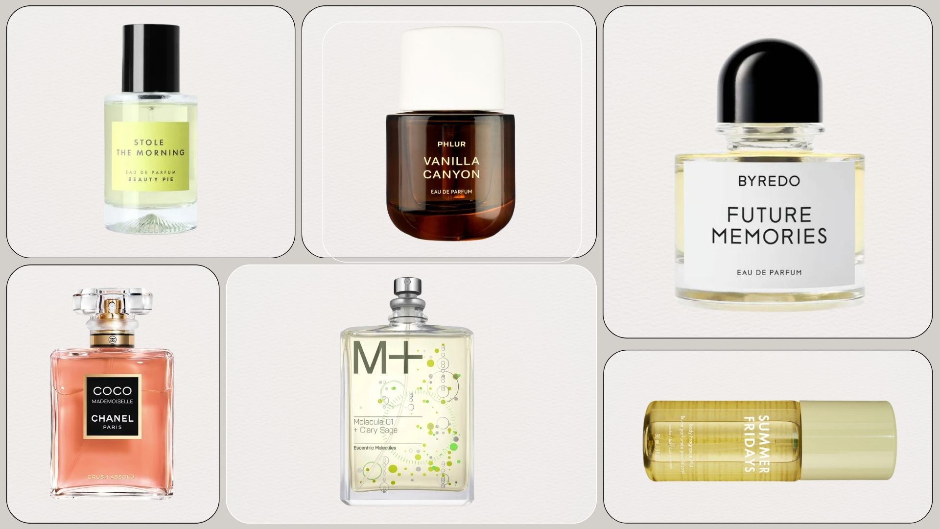 A collage of new-in perfumes from Beauty Pie, Phlur, Byredo, Chanel, Escentric Molecules and Summer Fridays