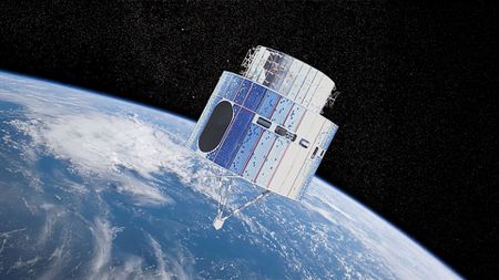 an illustration of a cylindrical satellite in Earth orbit 