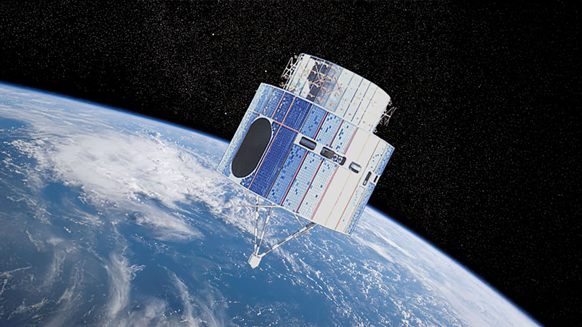 an illustration of a cylindrical satellite in Earth orbit 