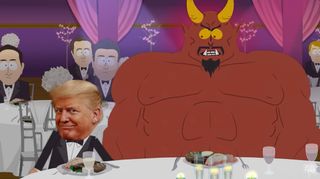 President Trump cops a feel of his boyfriend Satan under the table as they attend a swanky black tie dinner in "South Park" season 27 episode 2.