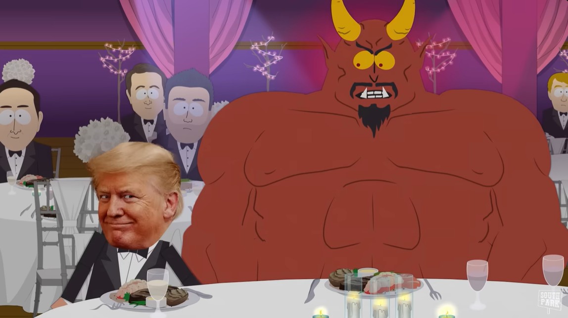 President Trump cops a feel of his boyfriend Satan under the table as they attend a swanky black tie dinner in &quot;South Park&quot; season 27 episode 2.