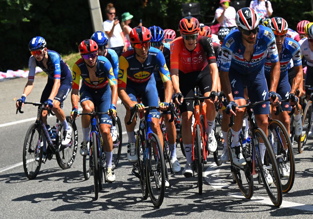 SUPERDEVOLUY LE DEVOLUY FRANCE JULY 17 LR Giulio Ciccone of Italy Carlos Verona Quintanilla of Spain and Team Lidl Trek Ben Turner of The United Kingdom and Team INEOS Grenadiers and Gianni Moscon of Italy and Team Soudal QuickStep compete during the 111th Tour de France 2024 Stage 17 a 1778km stage from SaintPaulTroisChateaux to Superdevoluy 1500m UCIWT on July 17 2024 in Superdevoluy Le Devoluy France Photo by Tim de WaeleGetty Images