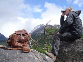 Werner Herzog with Bruce Chatwin's rucksack