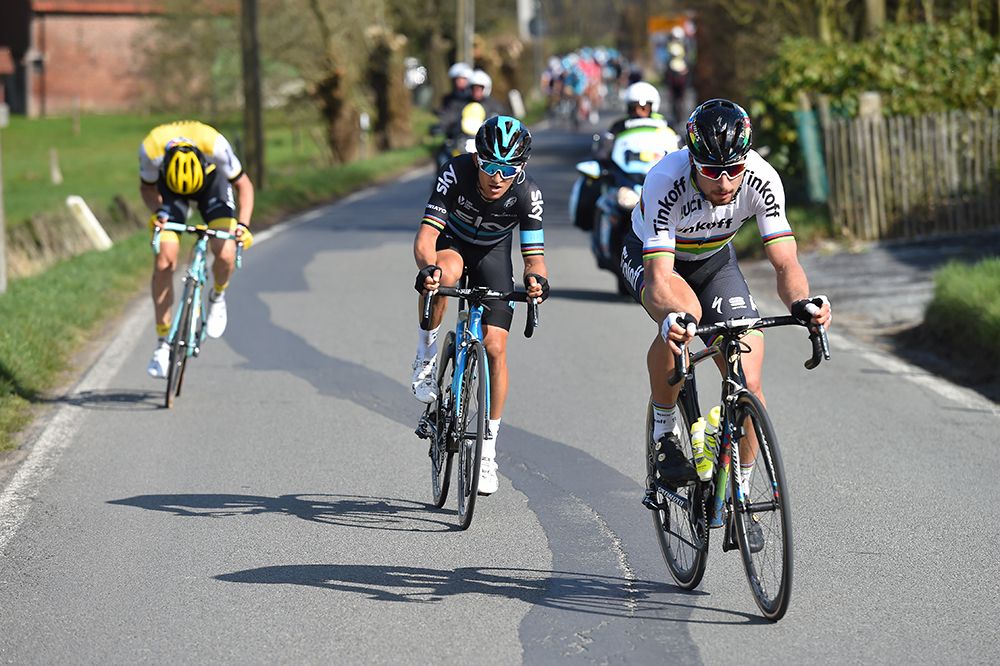 Peter Sagan leads Michael Kwiatkowski and Sep Vanmarcke