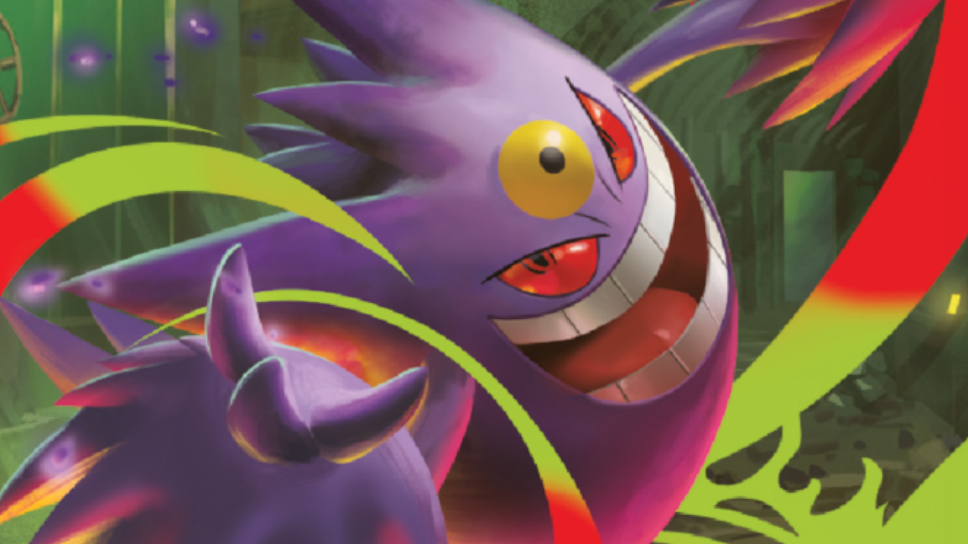 Mega Gengar grins into the foreground and reaches out a hand