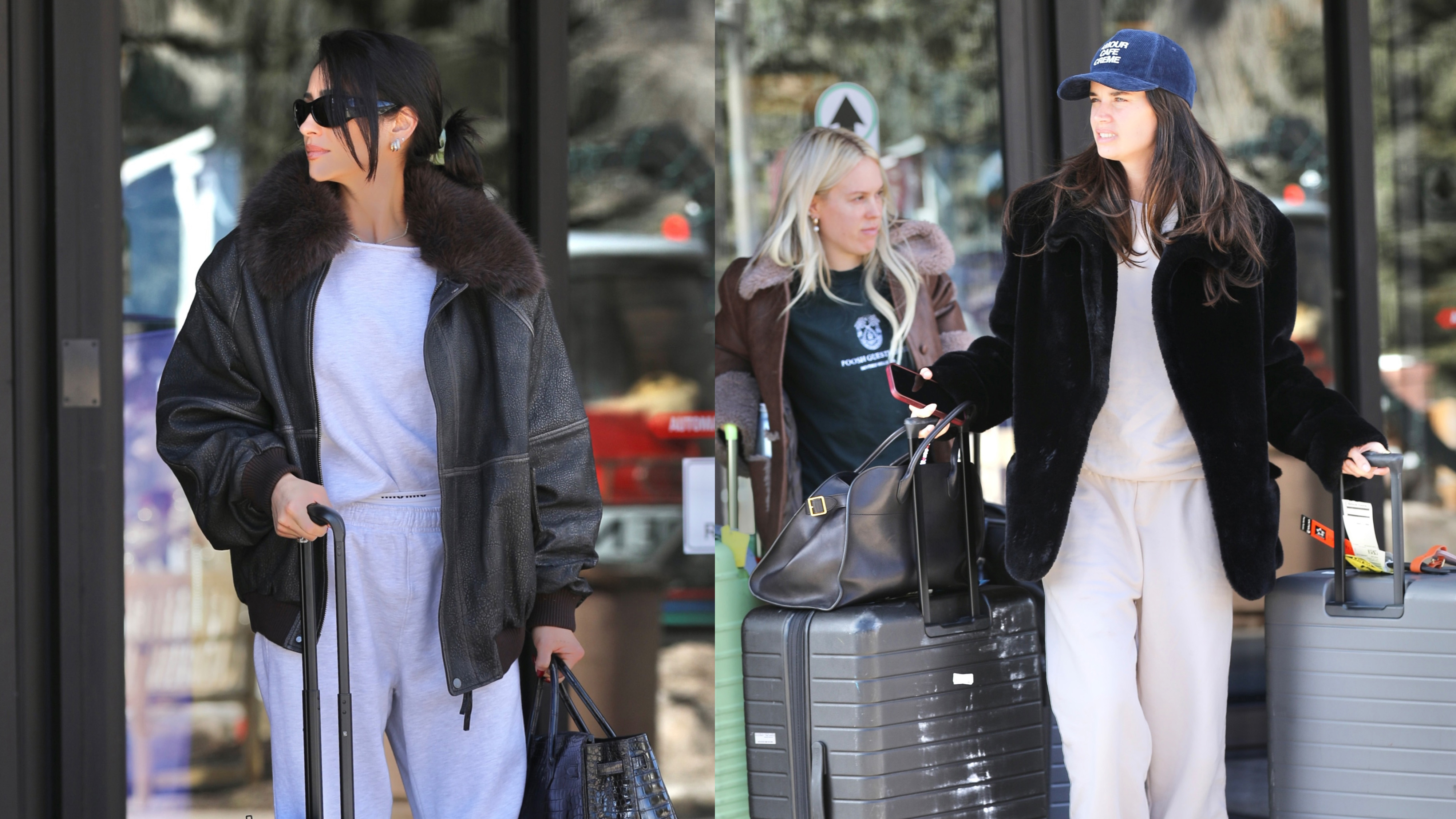 Shay Mitchell and Sara Sampaio wear fur coats with sweatpants at the aspen airport.