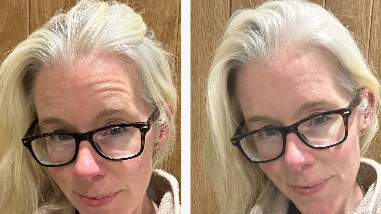 Close up of woman before and after using dry shampoo