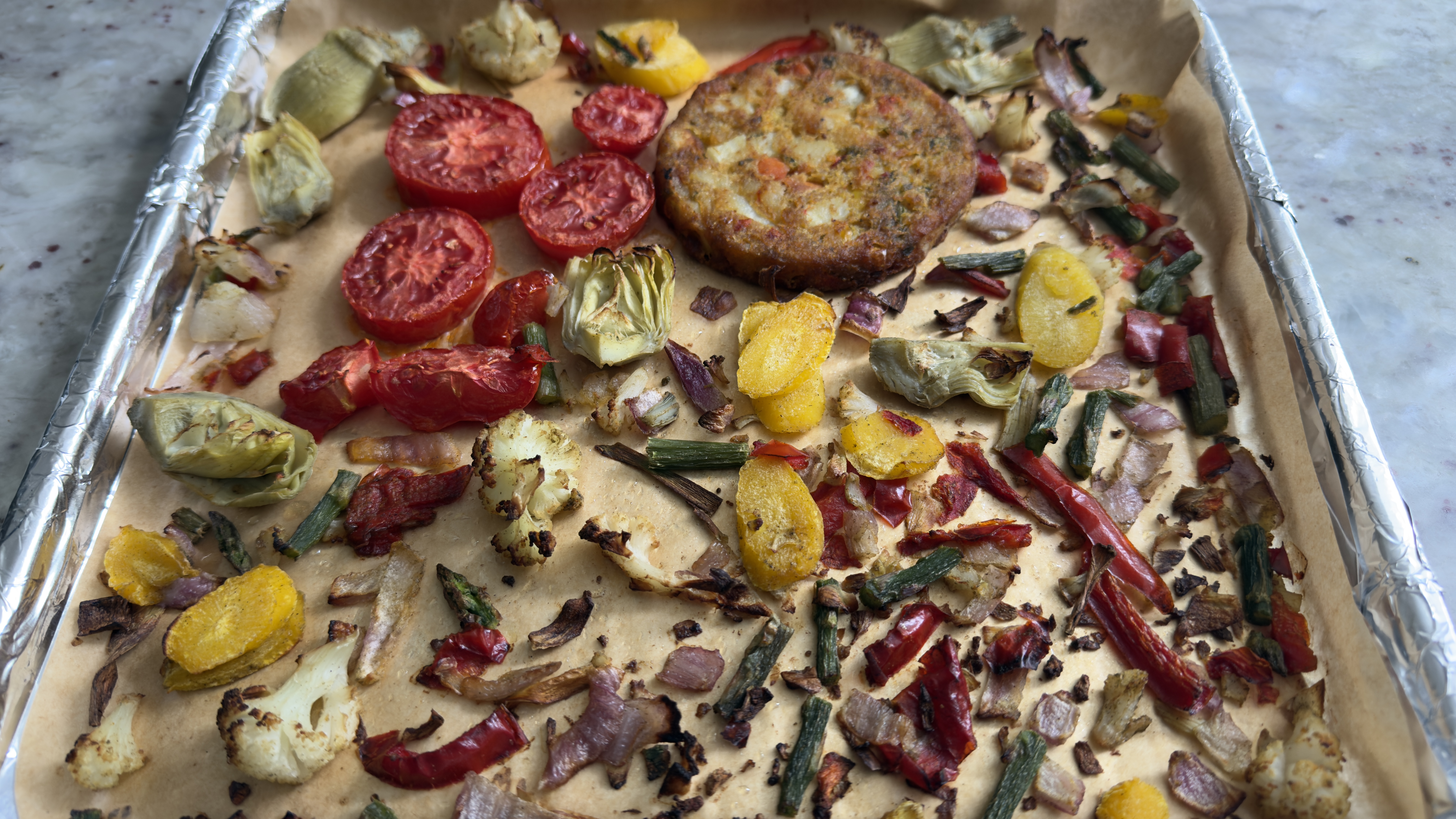 One-pan meal made in Ninja French Door Air Fryer and Countertop Oven