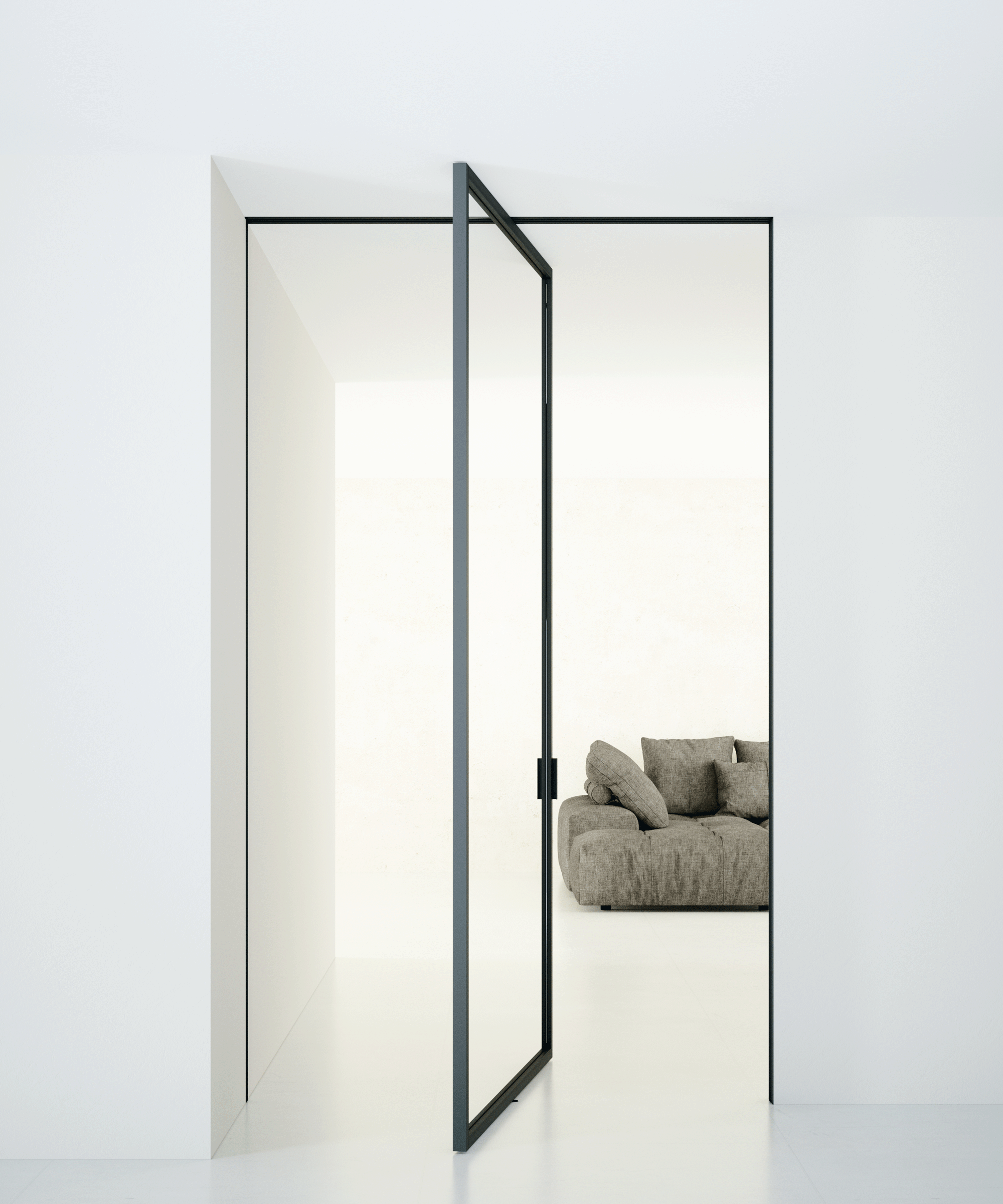 Pivot door made of aluminium opening to a white space