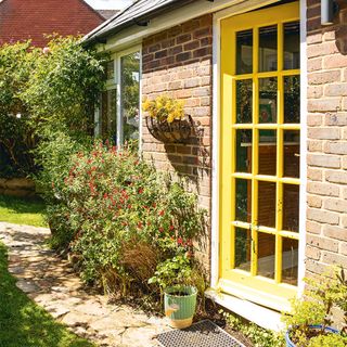 house exterior with garden plants and yellow painted back door