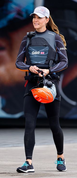 Catherine, Duchess of Cambridge before boarding an F50 foiling catamaran, to take part in a race against New Zealand