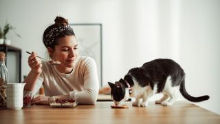 a woman and her cat eat breakfast together