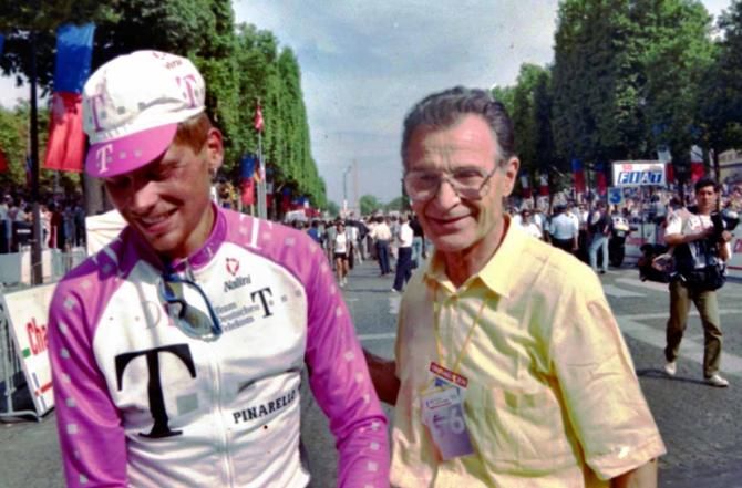 Giovanni Pinarello with Jan Ullrich in Paris after the 1996 Tour de France.
