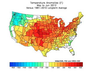 This NOAA map shows temperature departures from May 1 to June 30, 2012, compared to the 30-year average spanning 1981 to 2010.