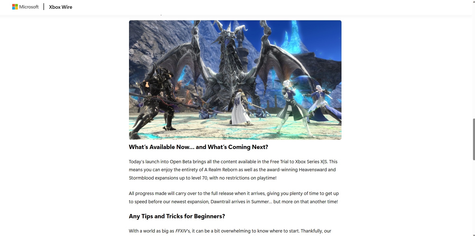 Captura de pantalla del artículo de noticias incorrecto ahora eliminado de la Beta abierta de Xbox de Final Fantasy XIV ya disponible