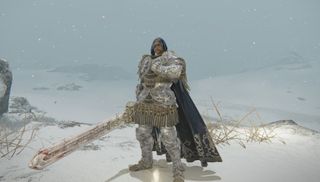 Elden Ring Knight character pounding chest while holding greatsword in Consecrated Snowfield