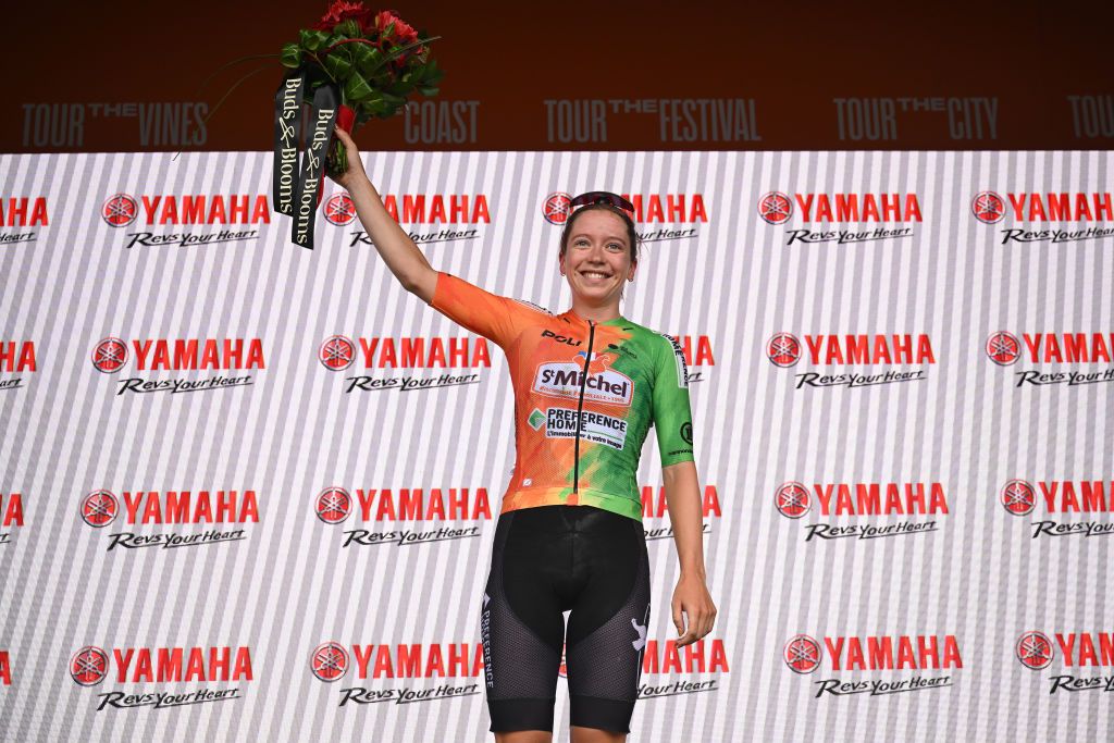 STIRLING AUSTRALIA JANUARY 19 Ella Simpson of Australia and Team St MichelPreference HomeAuber 93 celebrates at podium as most combative rider prize winner during the 9th Santos Womens Tour Down Under 2025 Stage 3 a 1059km stage from Stirling to Stirling 444m UCIWWT on January 19 2025 in Stirling Australia Photo by Dario BelingheriGetty Images
