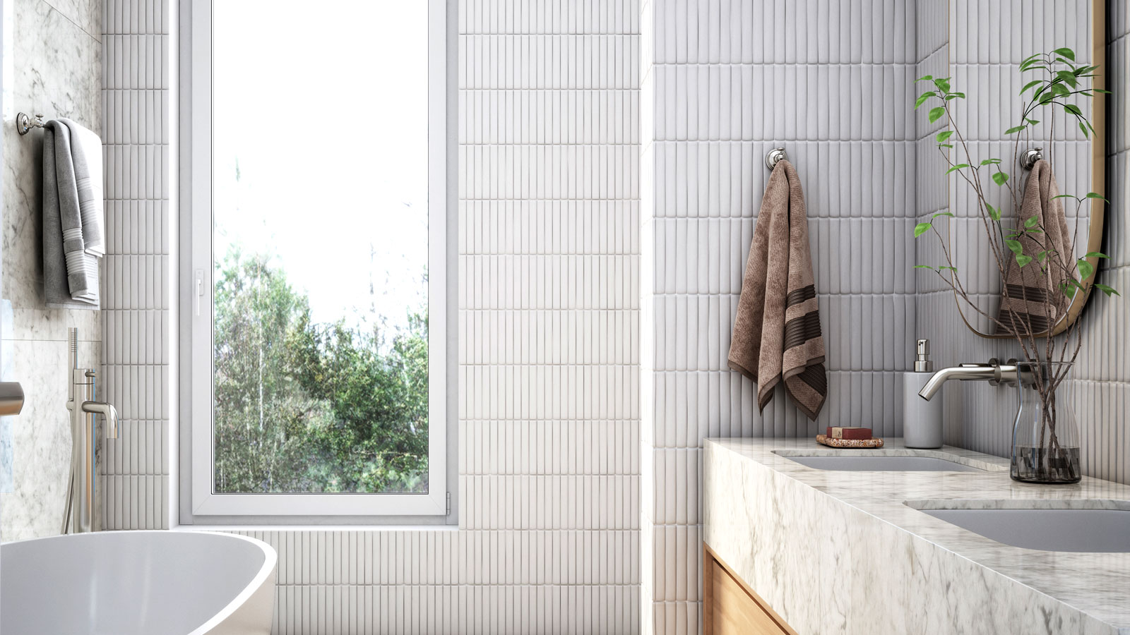 Contemporary light bathroom with tall thin tiles on wall and around window with bath and sink in foreground