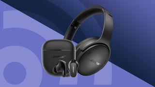 The Bose QuietComfort II earbuds and headphones on a purple background