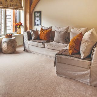 A living room with beige sofas and a beige carpet