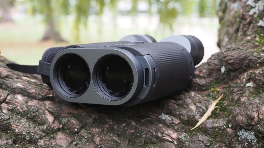 Fujifilm Fujinon Techno-Stabi TS-L 1640 binoculars on a tree trunk