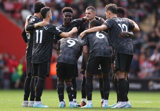 Bukayo Saka and Granit Xhaka of Arsenal gather the players during the Premier League match between Southampton FC and Arsenal FC at Friends Provident St. Mary's Stadium on October 23, 2022 in Southampton, England