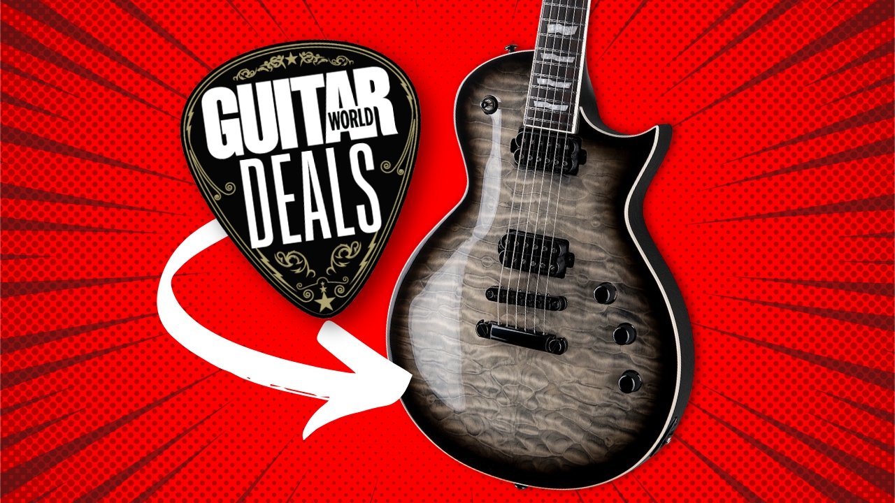 An ESP LTD EC1000T electric guitar on a red background