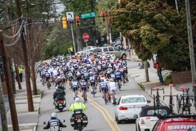 Riders bunch up near the top of one of the climbs.