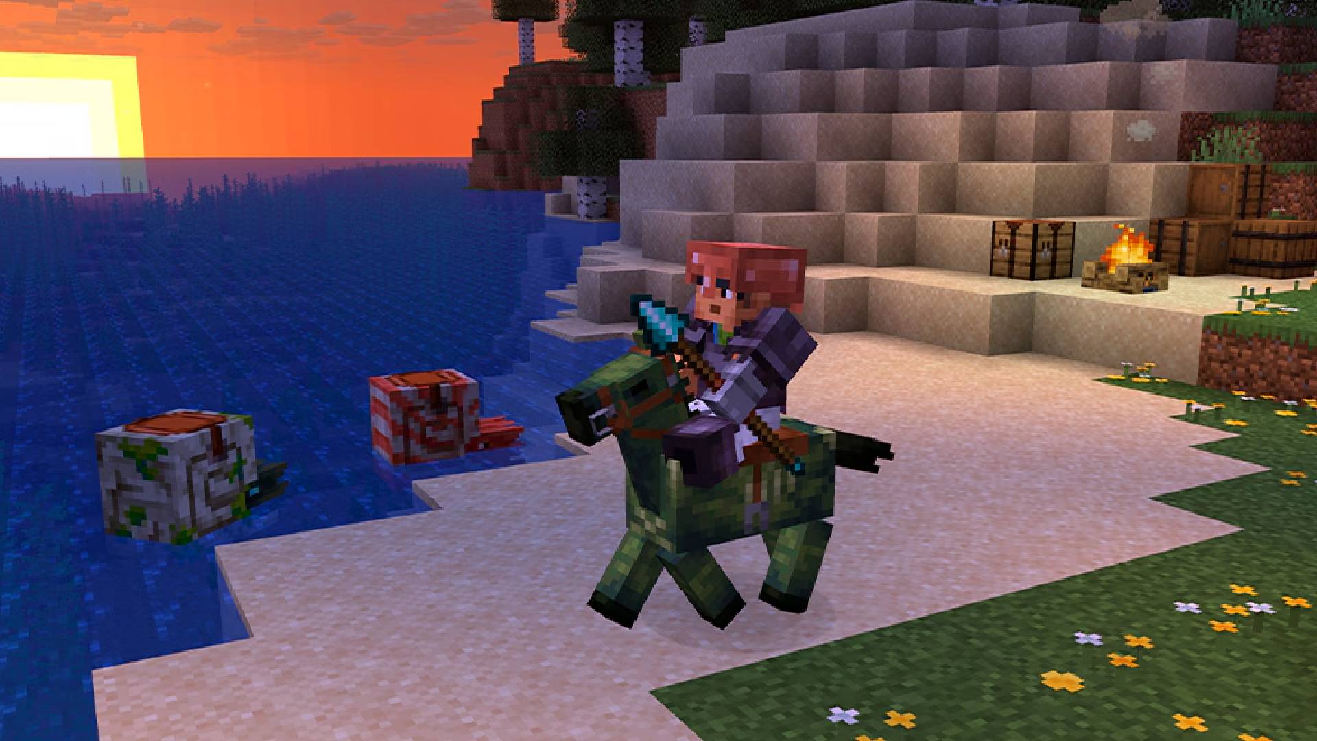 Nautilus and Zombie horse with player riding with a diamond spear in Minecraft Mounts of Mayhem drop