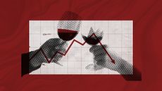 Photo collage of two hands toasting with one glasses. One of the glasses is broken, and in the background a wine-coloured arrow on a graph is indicating a downward trend.