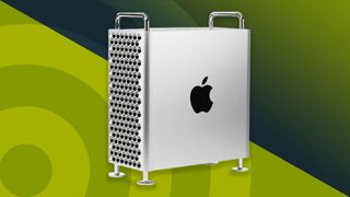 A Mac Pro against a techradar two tone background