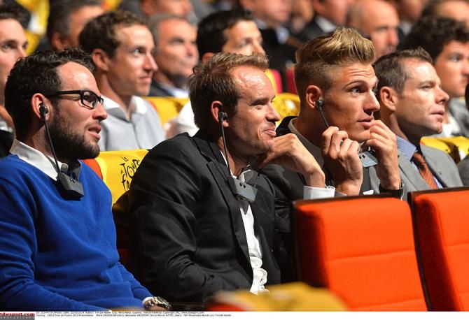 Mark Cavendish, Alexander Kristoff and Marcel Kittel at the 2015 Tour de France presentation
