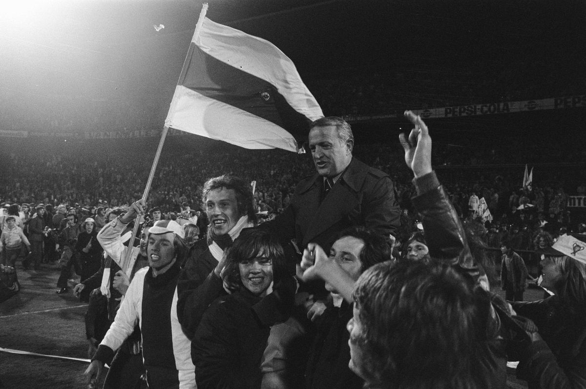 Ajax manager Stefan Kovacs is carried on the shoulders of fans following their side's victory over Inter Milan in the 1972 European Cup final at De Kuip in Rotterdam, the Netherlands